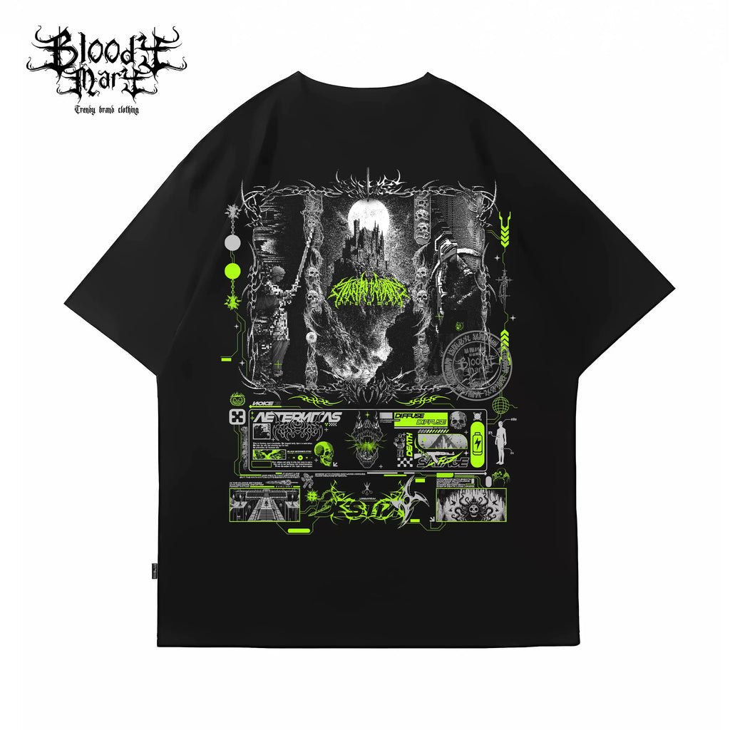 Trendy American floral font short sleeved men's and women's loose dark pure cotton heavyweight tattoo artist T-shirt