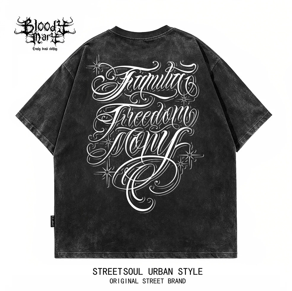 American hip-hop Chicano floral font short sleeved T-shirt for men, loose and heavy cotton, trendy brand, street tattoo print
