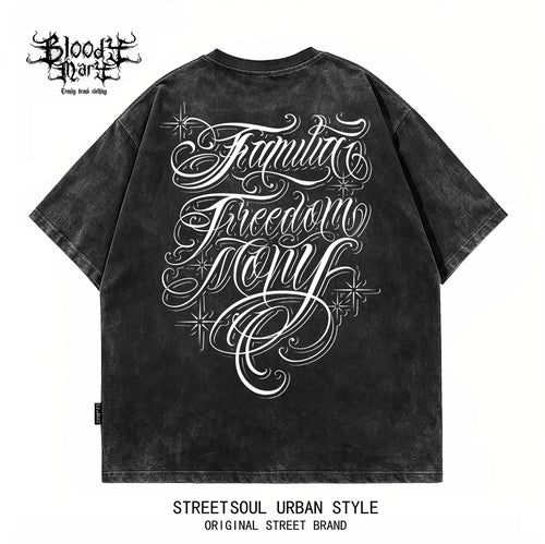American hip-hop Chicano floral font short sleeved T-shirt for men, loose and heavy cotton, trendy brand, street tattoo print