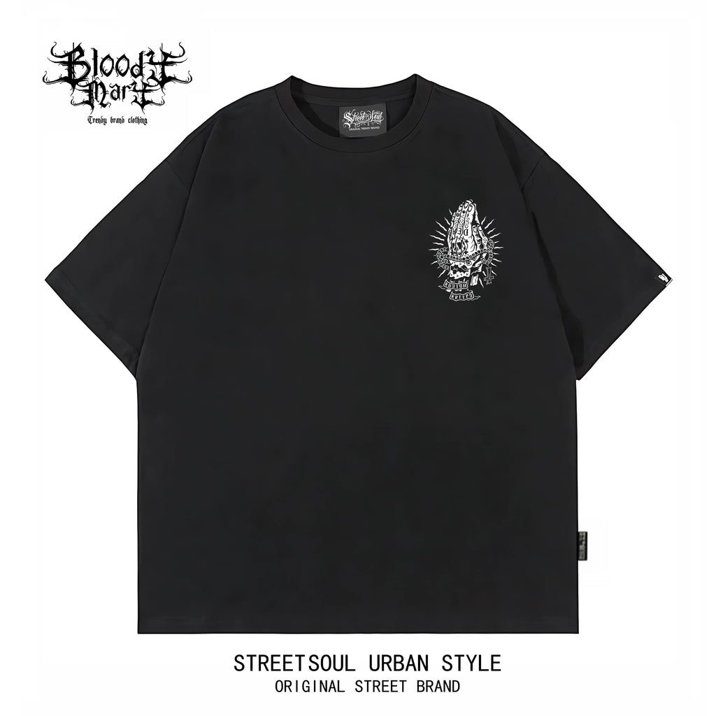 Chicano Black Short sleeved T-shirt with American Trendy Brand, Men's Printed Heavy duty Cotton Loose Top, West Coast Floral Font