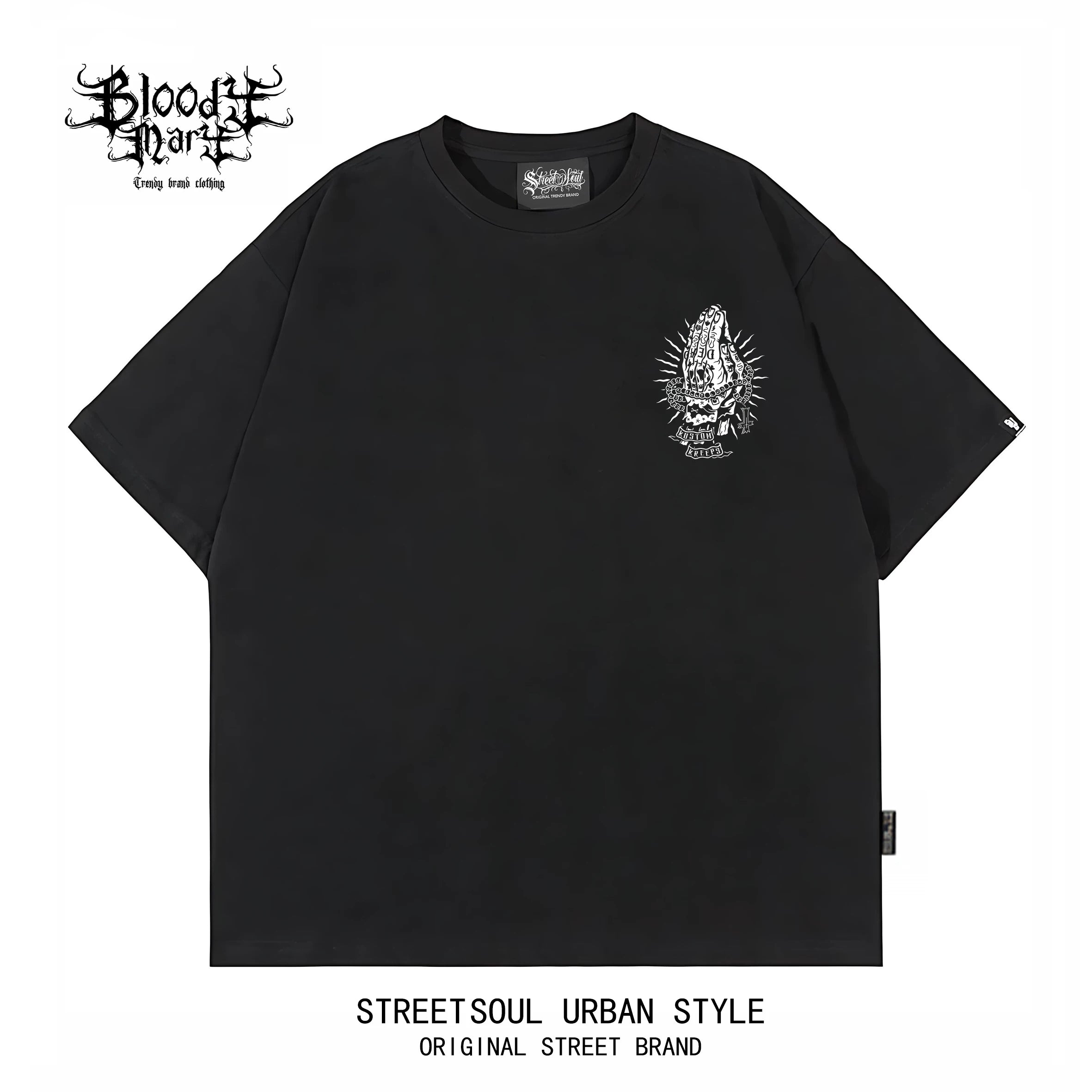 Chicano Black Short sleeved T-shirt with American Trendy Brand, Men's Printed Heavy duty Cotton Loose Top, West Coast Floral Font