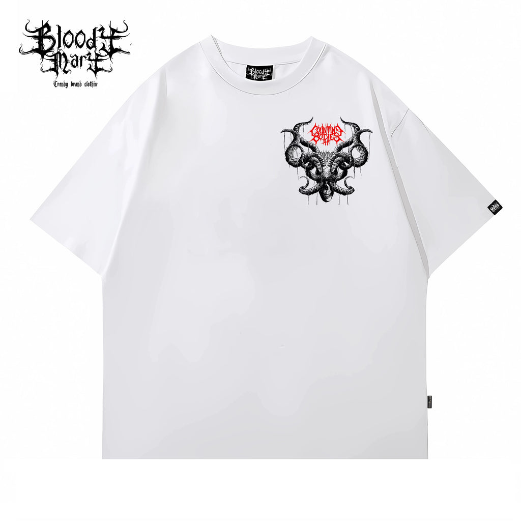 Dark American hip-hop style, dark skull print, round neck short sleeved T-shirt for men and women, loose and heavy weight, pure cotton rock