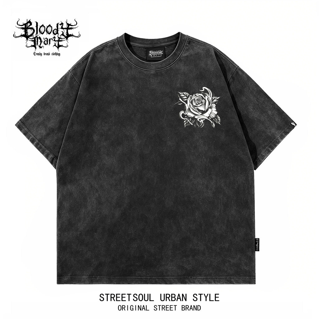 American hip-hop Chicano girl tattoo skeleton rose print short sleeved T-shirt men's loose dark fashion brand top