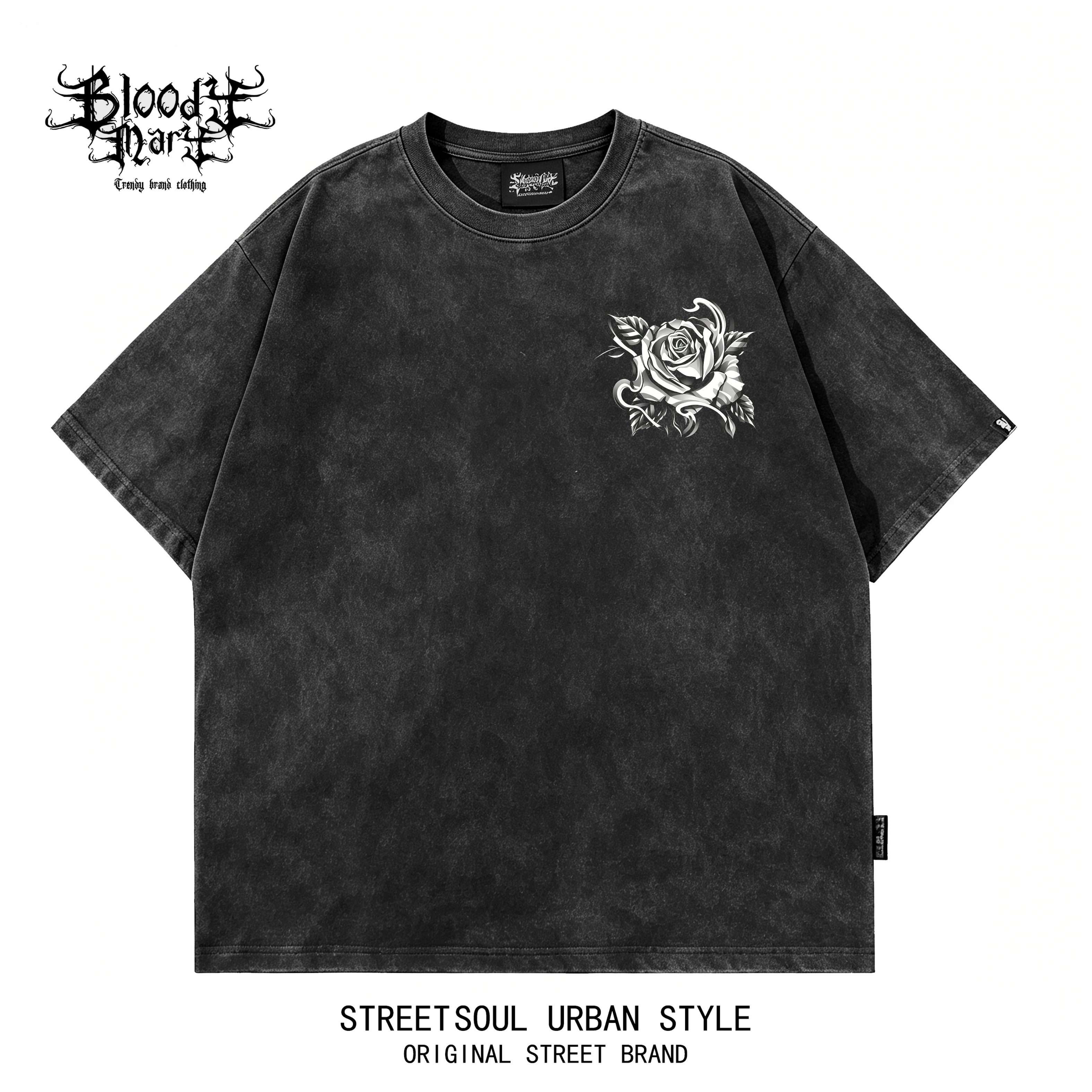American hip-hop Chicano girl tattoo skeleton rose print short sleeved T-shirt men's loose dark fashion brand top