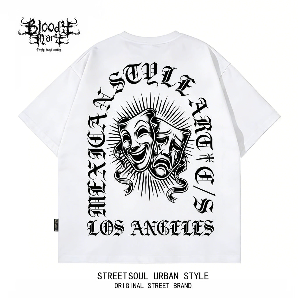 Chicano West Coast Flower Font Black Short sleeved T-shirt Men's Heavy Weight Cotton Loose High Street Print