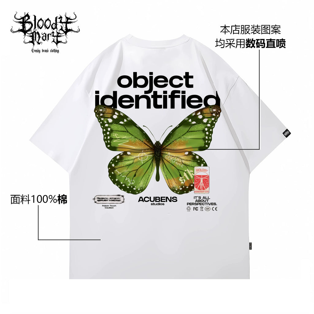 Trendy streetwear hip-hop ins style American heavyweight men and women butterfly letter print versatile loose short sleeved T-shirt white