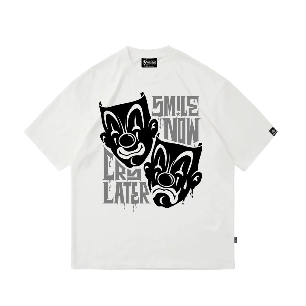 American fashion brand Kano floral font clown gang hip-hop English mask crying smiling face American heavyweight loose T-shirt