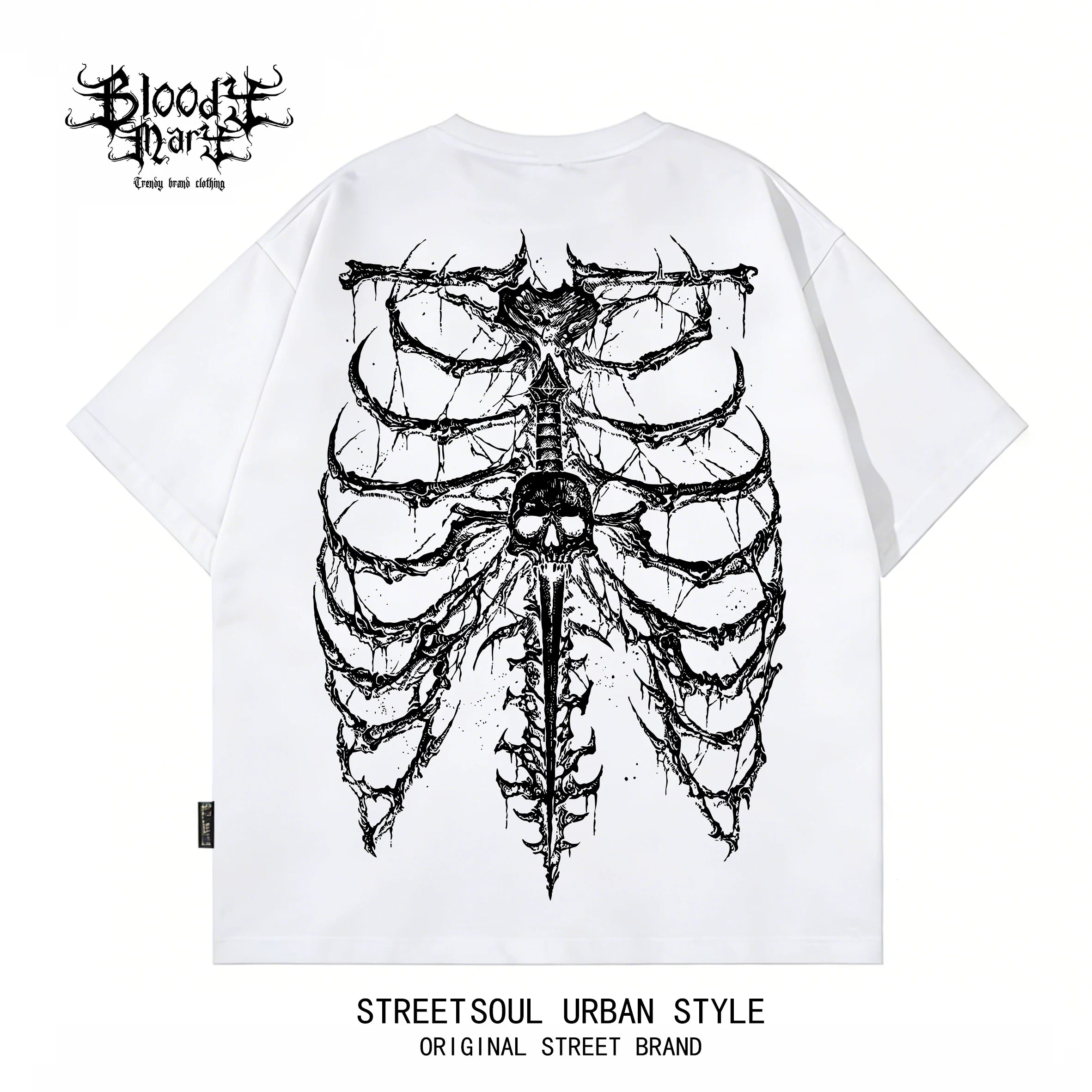 Trendy brand dark high street skeleton printed short sleeved T-shirt for men and women, black pure cotton Gothic style top, street style