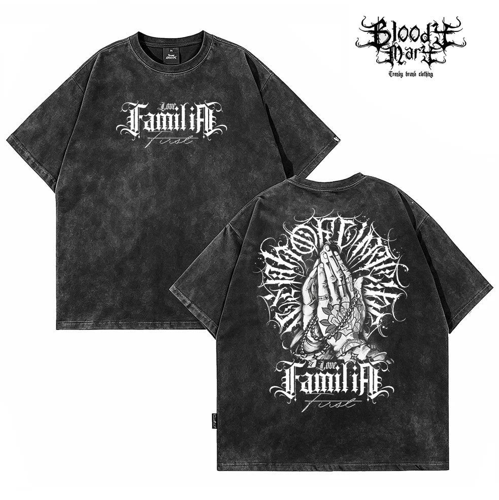 American hip-hop style black short sleeved T-shirt men's dark style prayer hand print heavyweight pure cotton loose top