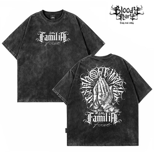 American hip-hop style black short sleeved T-shirt men's dark style prayer hand print heavyweight pure cotton loose top