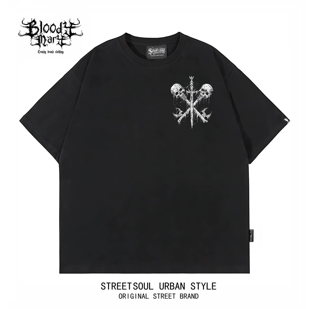 Trendy brand dark high street skeleton printed short sleeved T-shirt for men and women, black pure cotton Gothic style top, street style