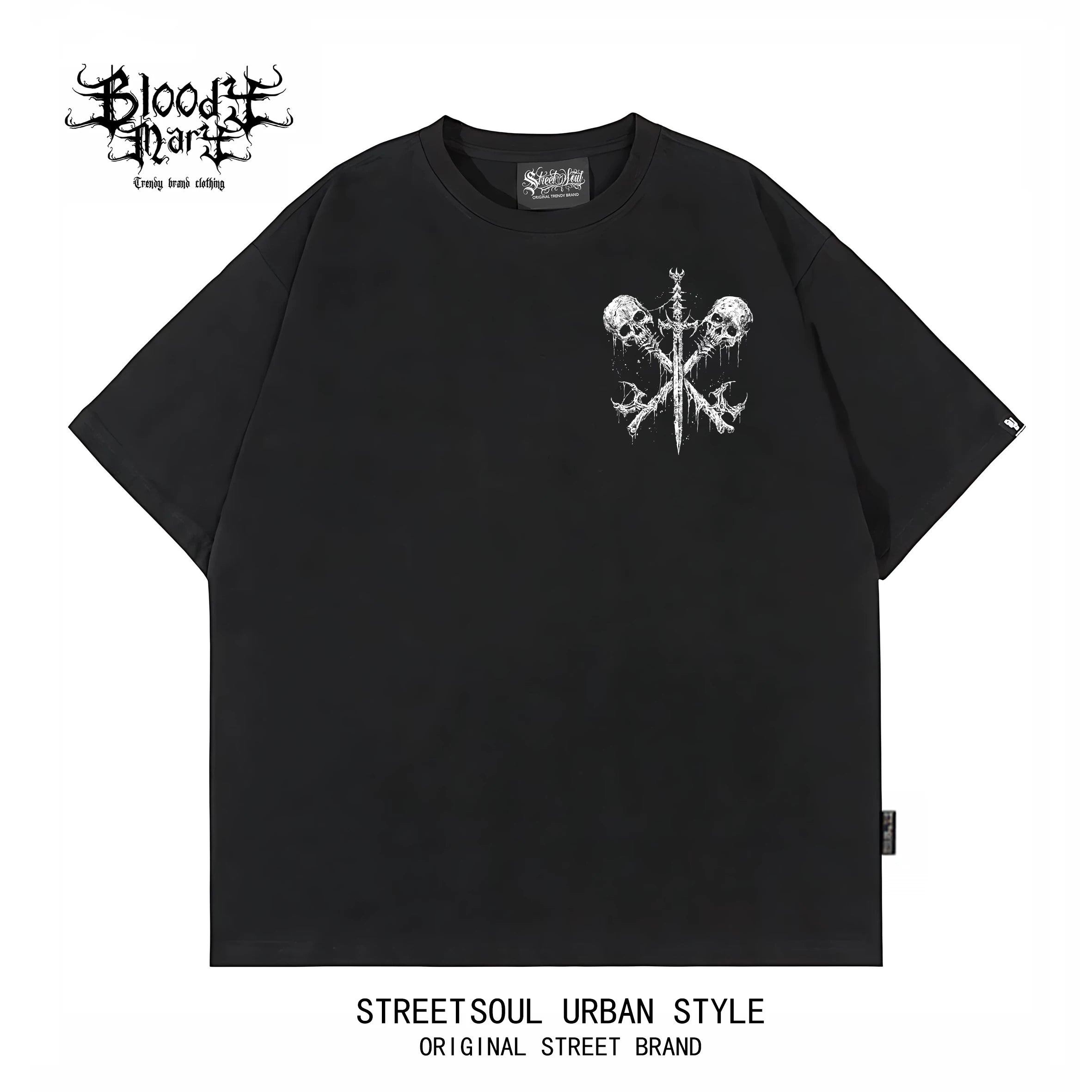 Trendy brand dark high street skeleton printed short sleeved T-shirt for men and women, black pure cotton Gothic style top, street style