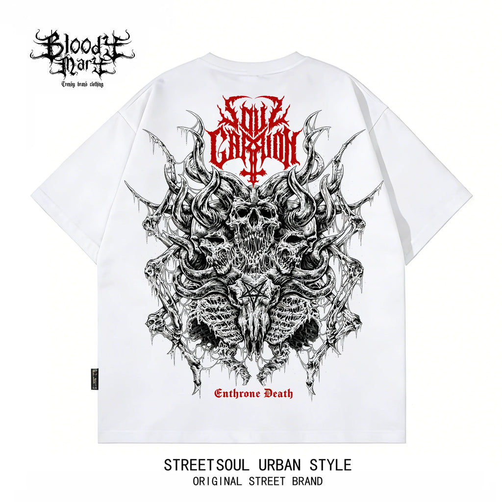 Dark style skull print short sleeved T-shirt for both men and women, loose street retro rock top