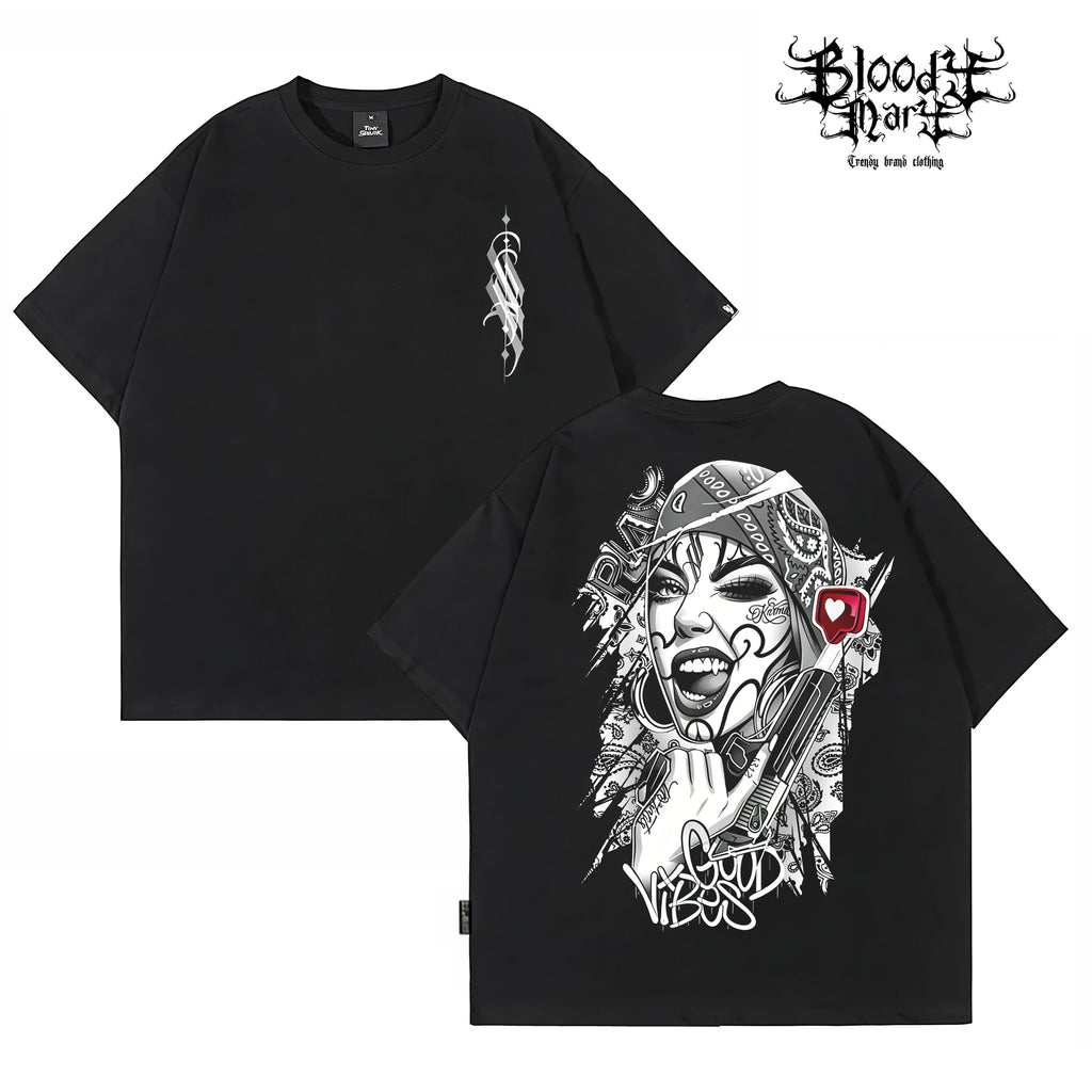 Original Trendy American West Coast Flower Font Hip Hop Black Printed Short sleeved T-shirt for Men, Loose Cotton, Rock
