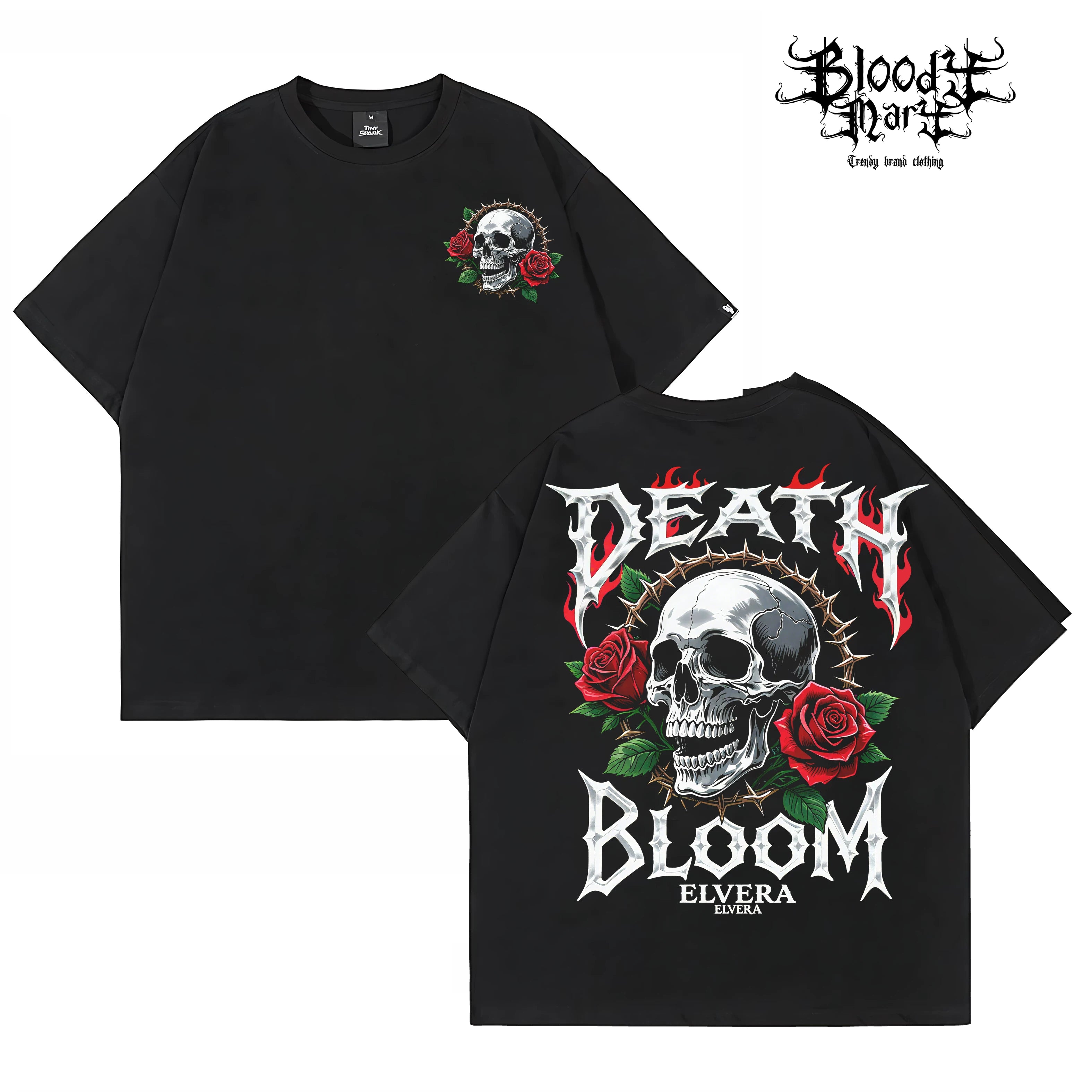 American street rose skeleton short sleeved loose pure cotton heavyweight niche hip-hop fashion brand tattoo artist T-shirt