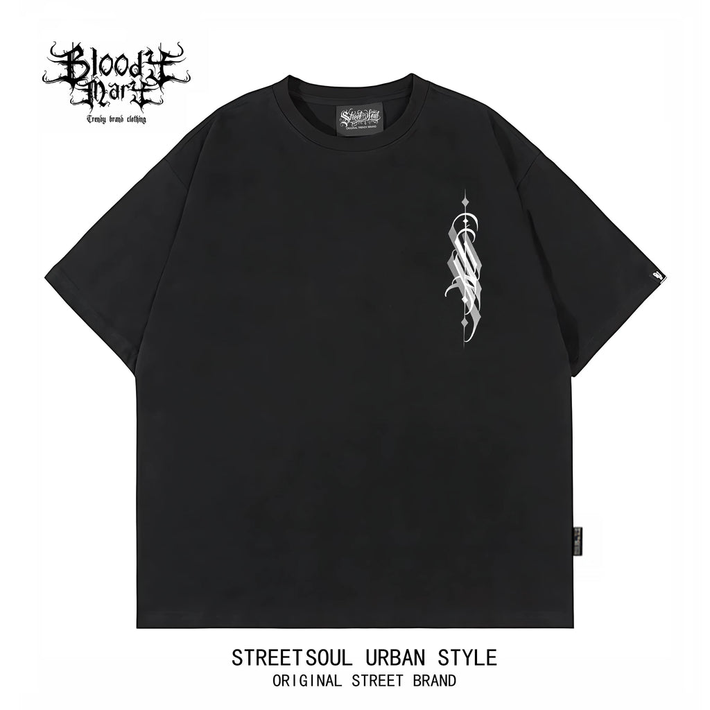 Original Trendy American West Coast Flower Font Hip Hop Black Printed Short sleeved T-shirt for Men, Loose Cotton, Rock