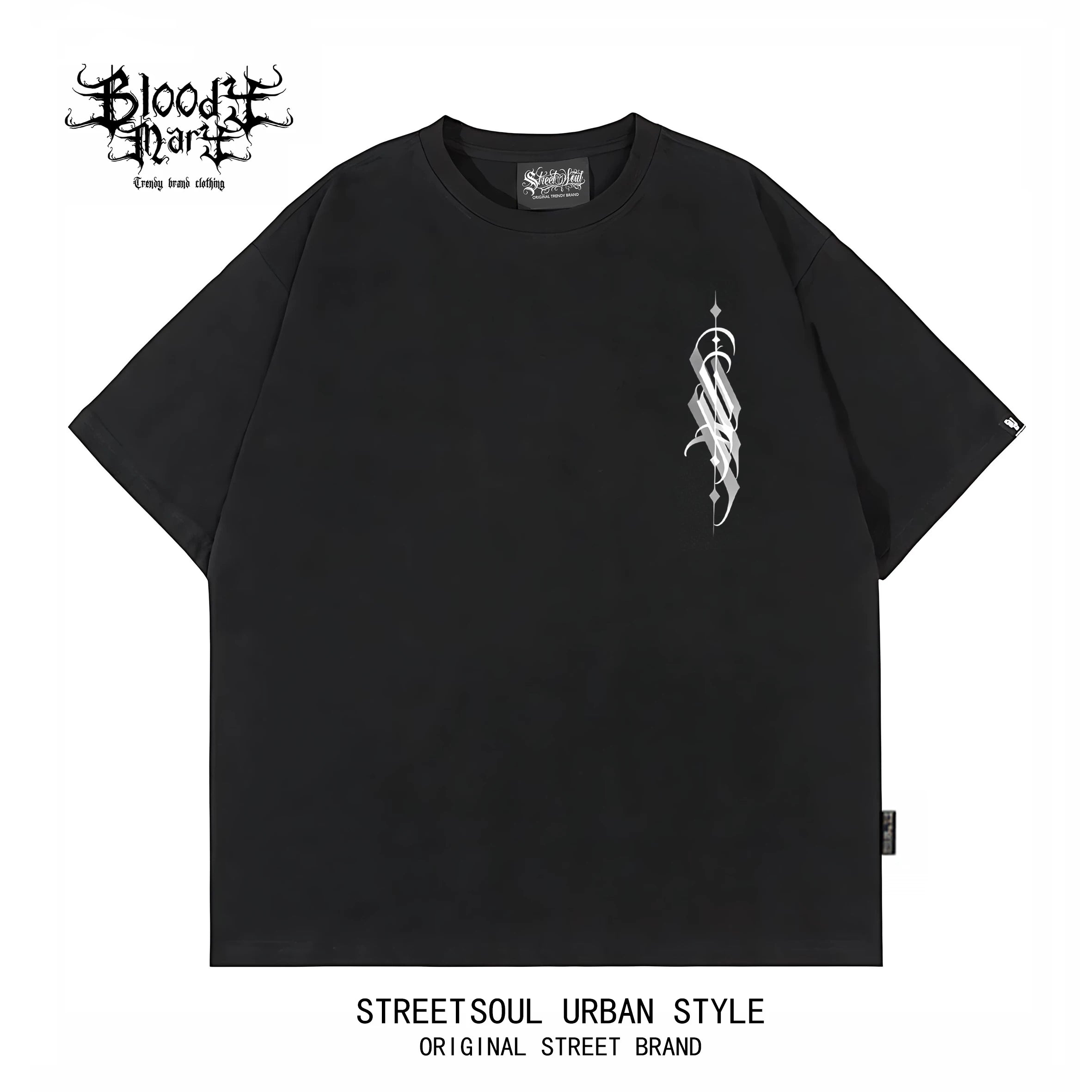 Original Trendy American West Coast Flower Font Hip Hop Black Printed Short sleeved T-shirt for Men, Loose Cotton, Rock