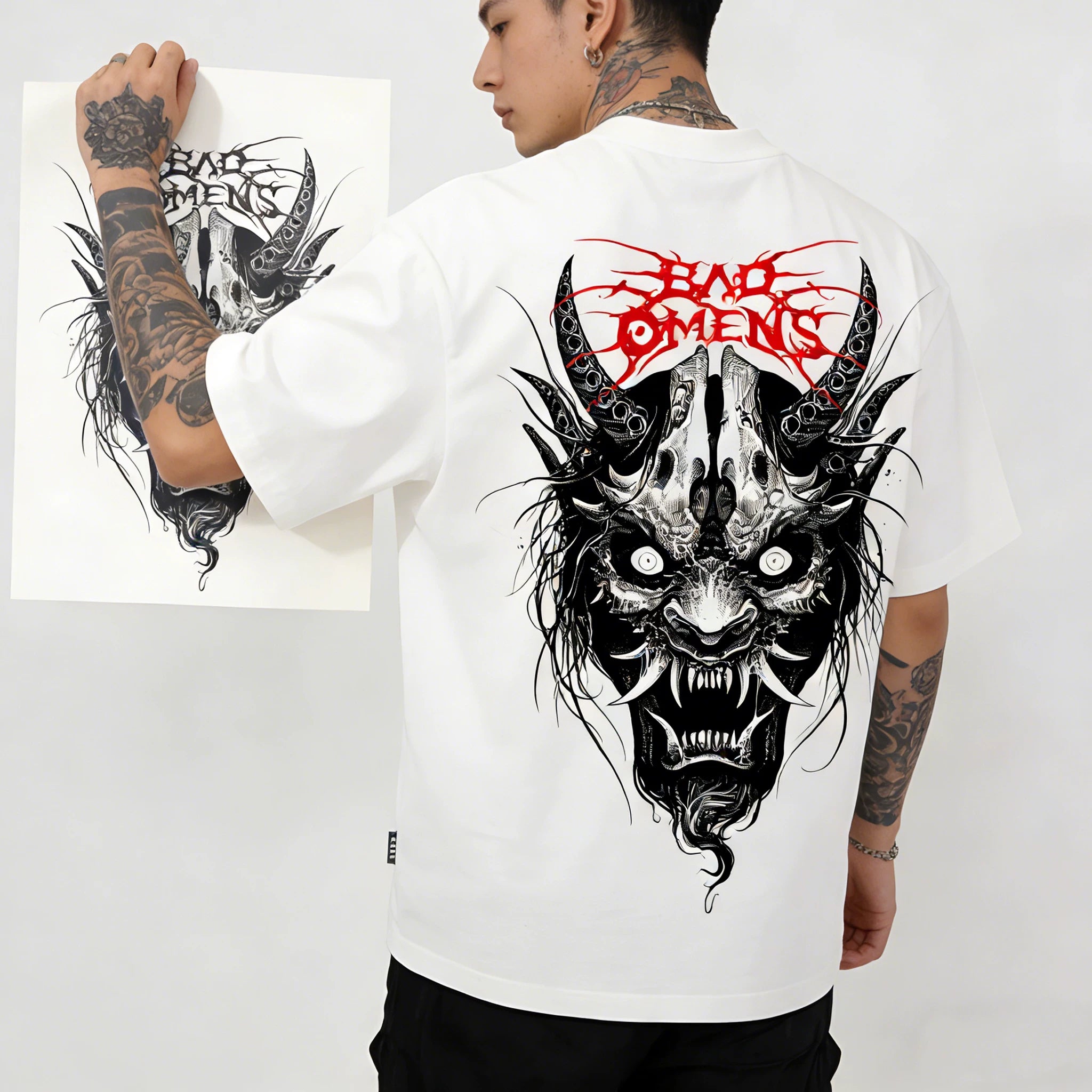 Original Trendy Brand Design American Dark Prajna Trendy Hip Hop Retro Tattoo Artist Short Sleeve Pure Cotton T-shirt for Men and Women