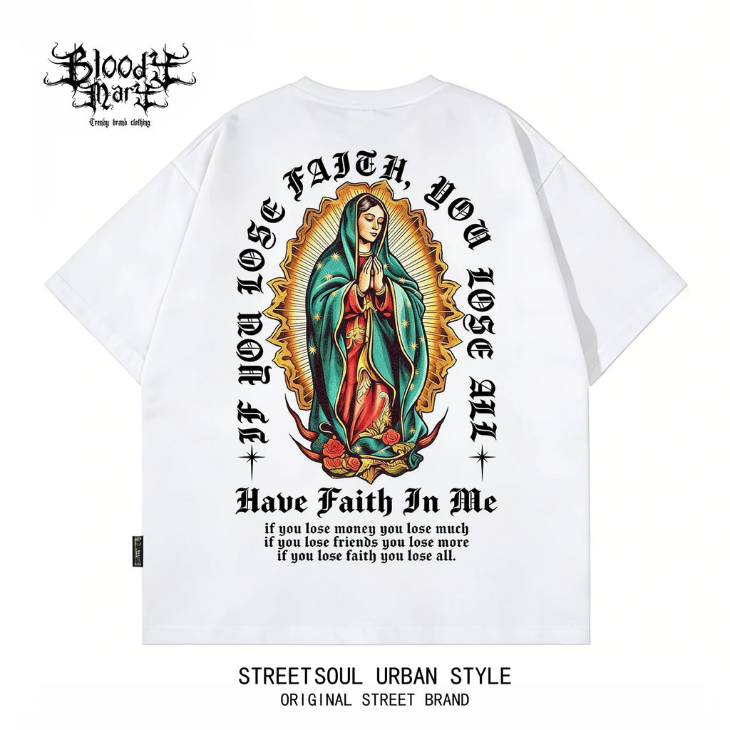 Original Trendy American West Coast Chicano Flower Font Street Head Wind Heavy Cotton Short Sleeve Loose Printed T-shirt
