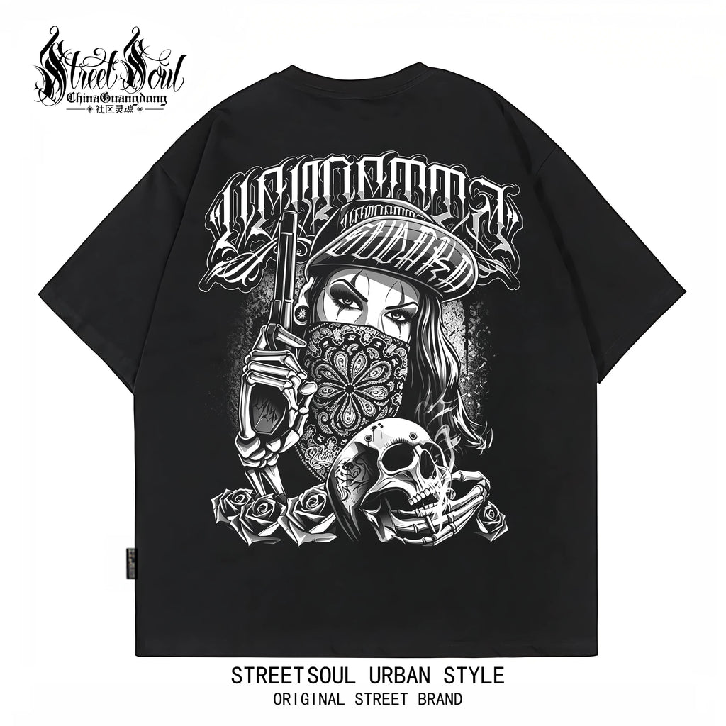 Trendy American West Coast Hip Hop Street Style Short Sleeve T-shirt for Men, Loose and Heavy Weight, Pure Cotton Skeleton, Pure Cotton Tattoo Artist