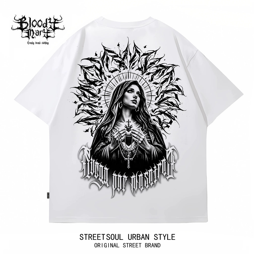 Original Trendy Black Short sleeved T-shirt for Men and Women, Loose Shoulder Printed Top, Dark Chicano Flower Font Ins Style