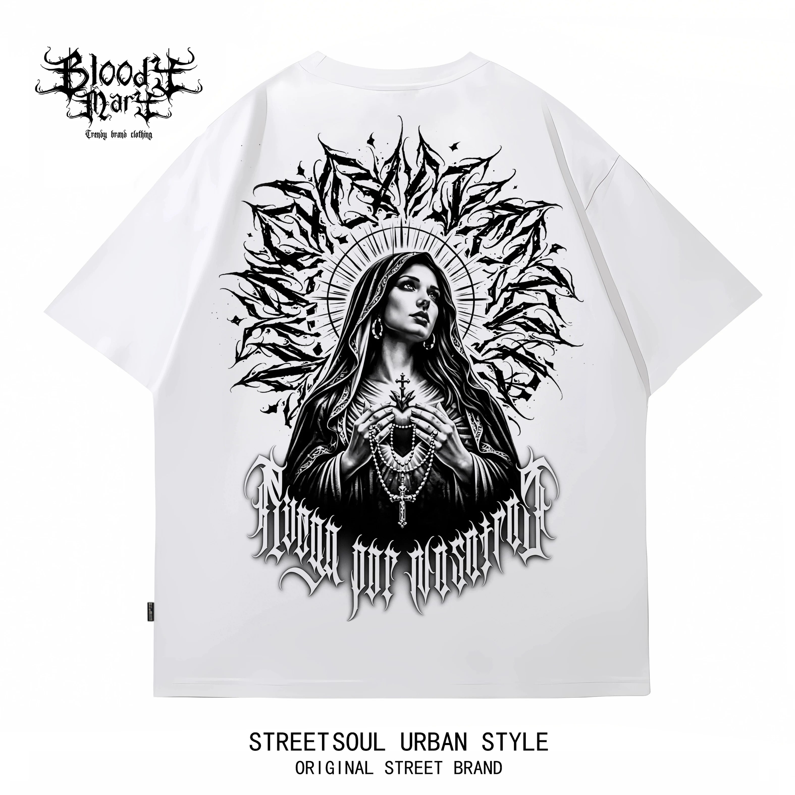 Original Trendy Black Short sleeved T-shirt for Men and Women, Loose Shoulder Printed Top, Dark Chicano Flower Font Ins Style