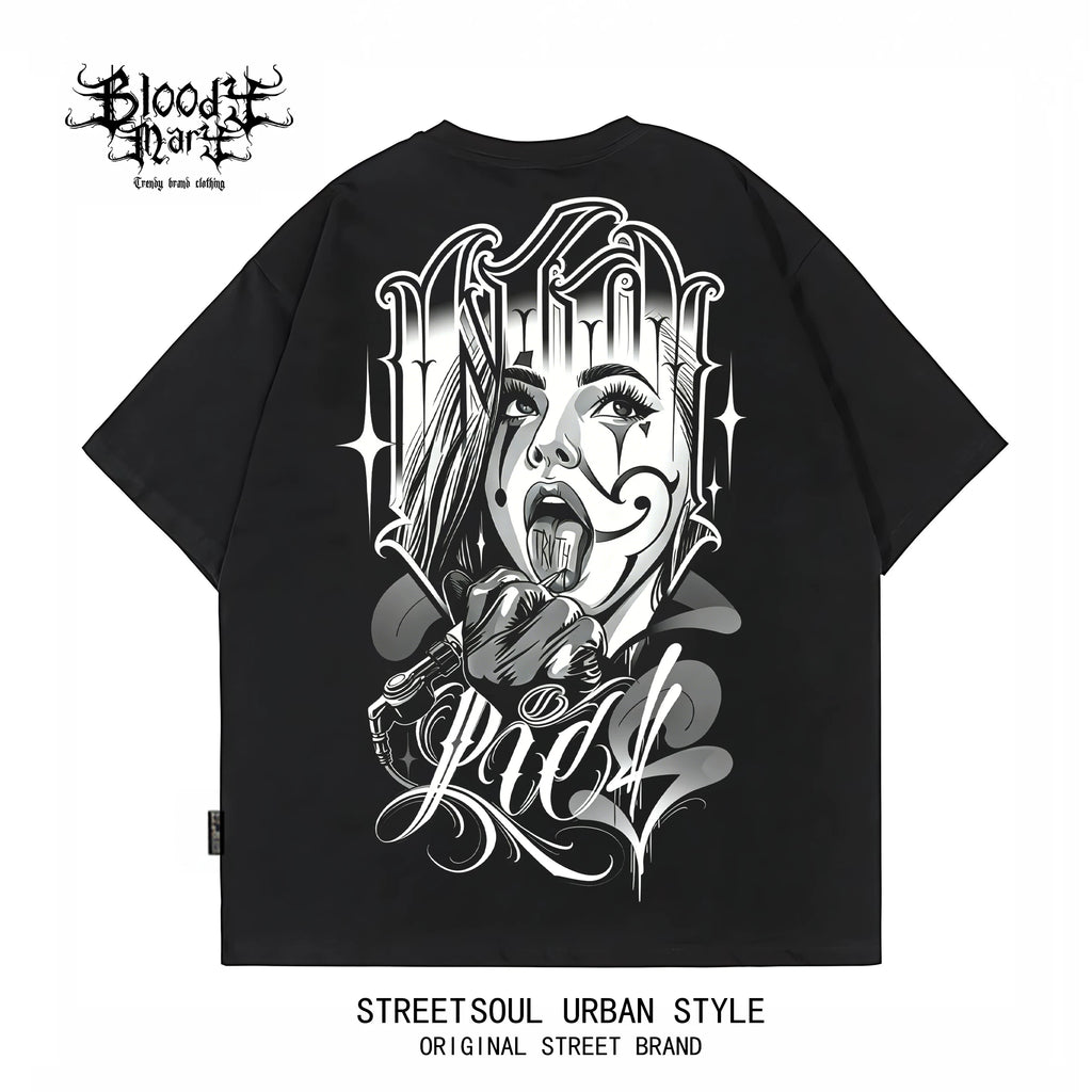 American street dark style floral font West Coast short sleeved T-shirt for men, loose and heavyweight, niche trendy printed top