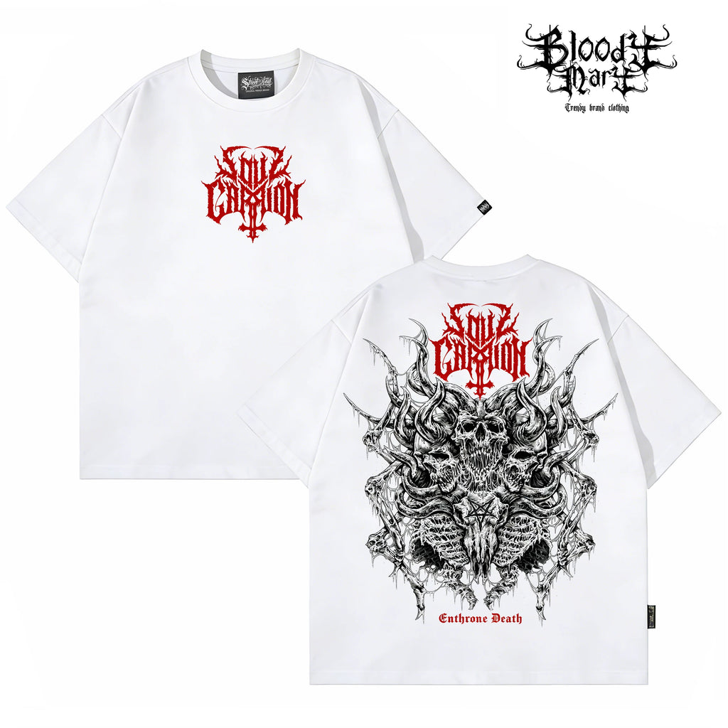 Dark style skull print short sleeved T-shirt for both men and women, loose street retro rock top