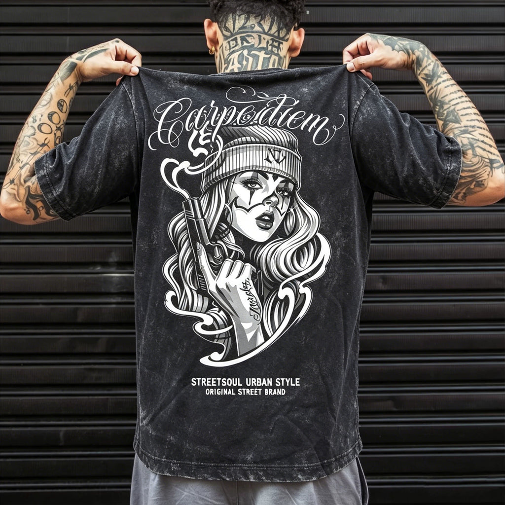 American hip-hop style heavyweight short sleeved pure cotton T-shirt men's loose floral print dark street fashion brand top