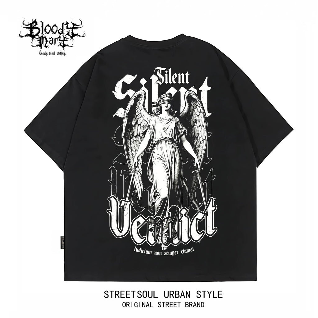 Trendy American Retro Gothic Flower Font Short sleeved T-shirt for Men and Women, Loose Black Print, Trendy High Street