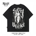 Trendy American Retro Gothic Flower Font Short sleeved T-shirt for Men and Women, Loose Black Print, Trendy High Street