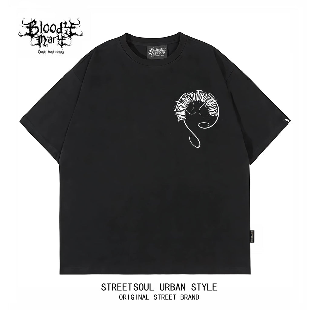 Trendy American Hip Hop Flower Font Black Short Sleeve T-shirt Loose Cotton Heavy Print Top Street West Coast