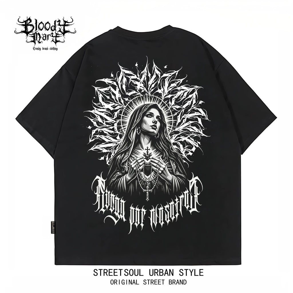 Original Trendy Black Short sleeved T-shirt for Men and Women, Loose Shoulder Printed Top, Dark Chicano Flower Font Ins Style