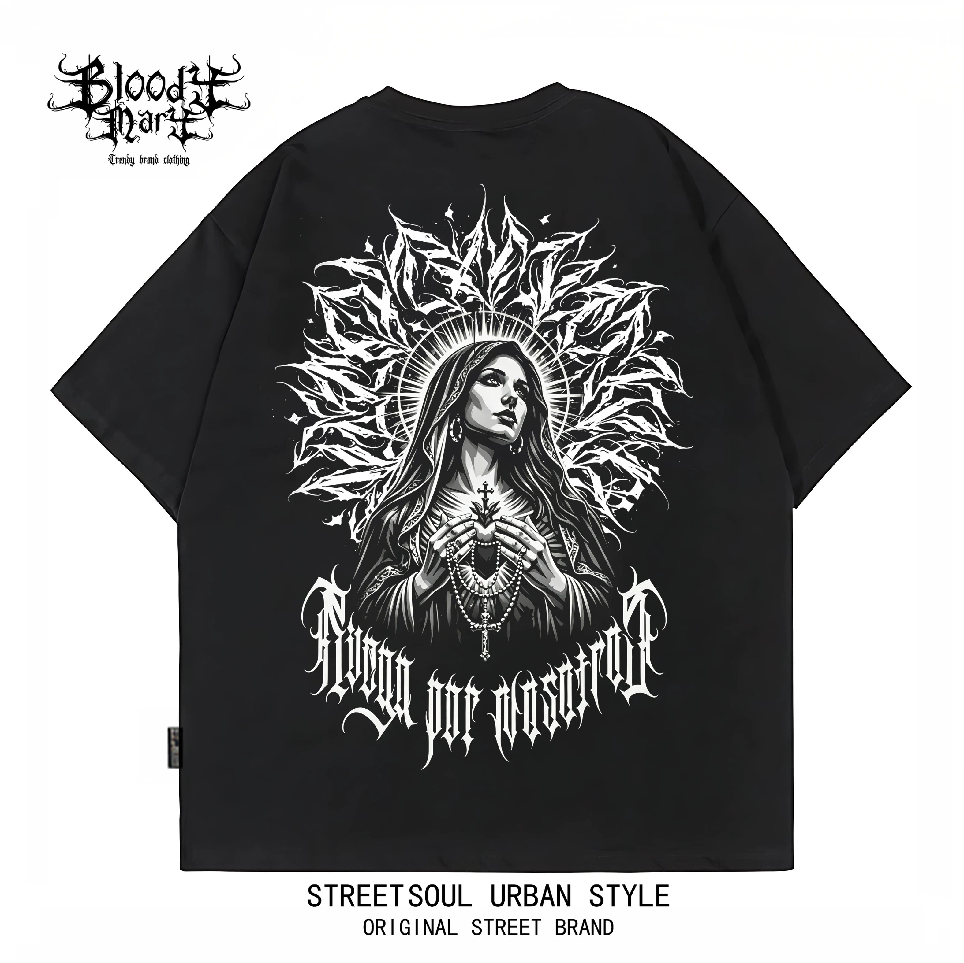 Original Trendy Black Short sleeved T-shirt for Men and Women, Loose Shoulder Printed Top, Dark Chicano Flower Font Ins Style