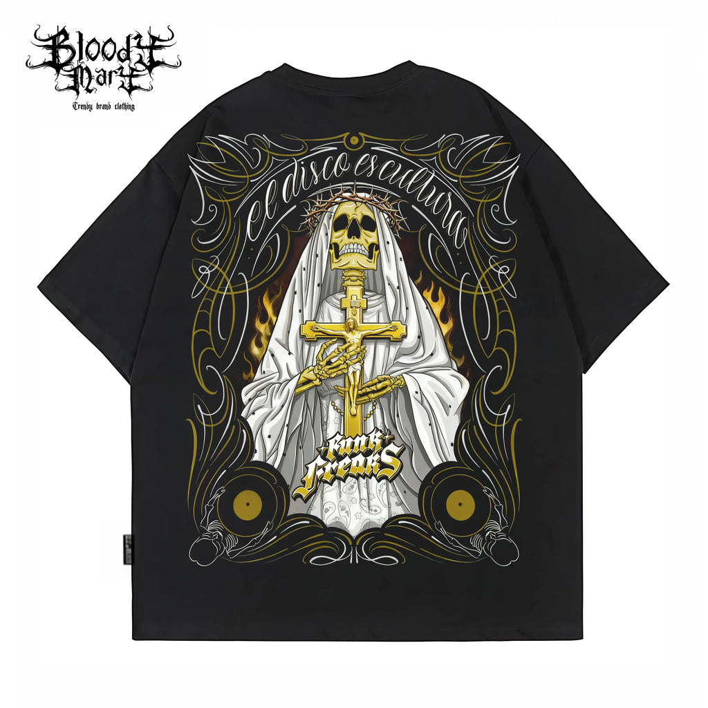 American retro West Coast rock style skull print short sleeved T-shirt for men and women, black pure cotton rock trend brand flower body