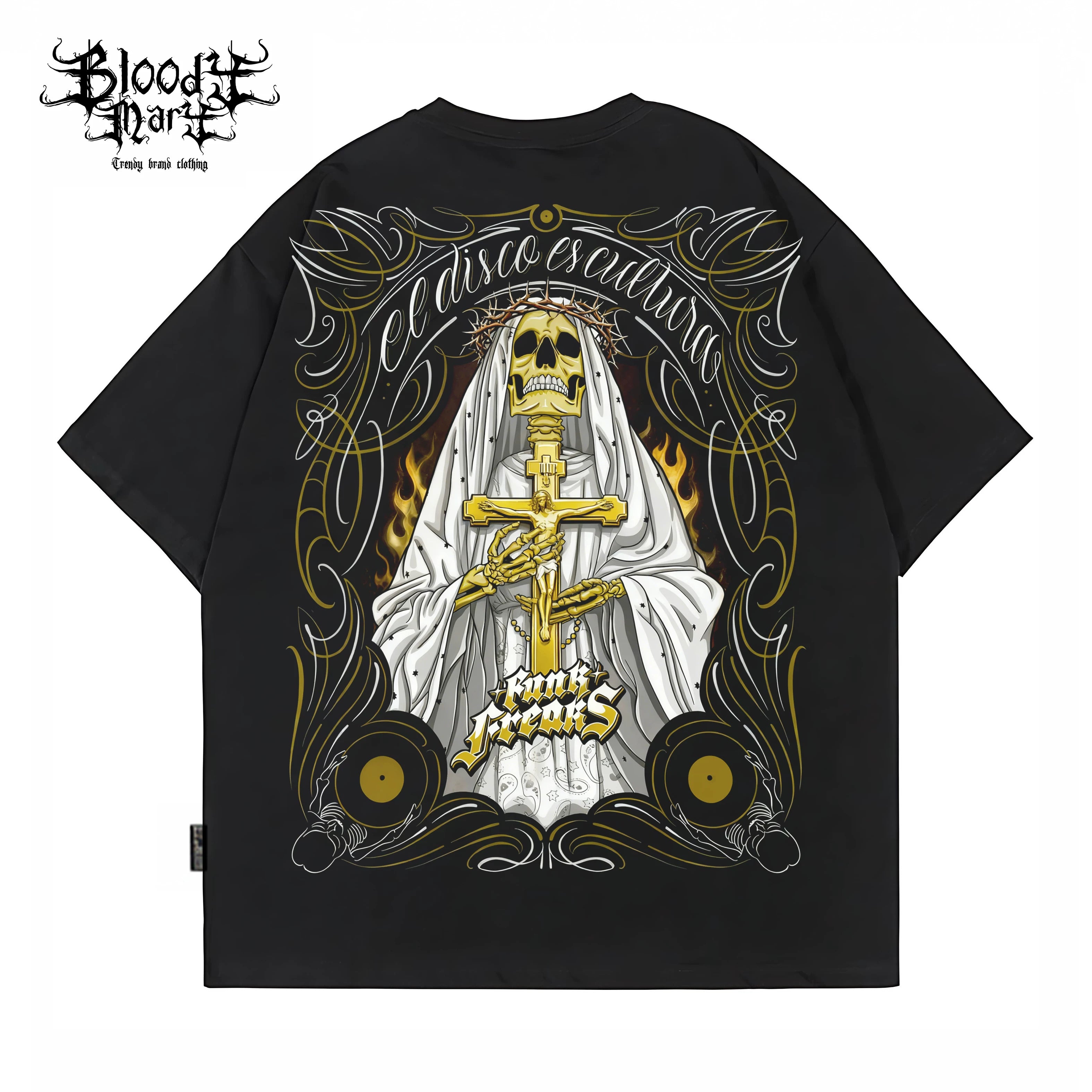 American retro West Coast rock style skull print short sleeved T-shirt for men and women, black pure cotton rock trend brand flower body