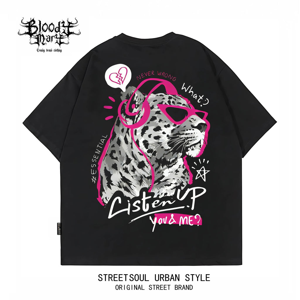 China-Chic style American printed short sleeved T-shirt for men and women loose street trend summer new black T-shirt leopard print