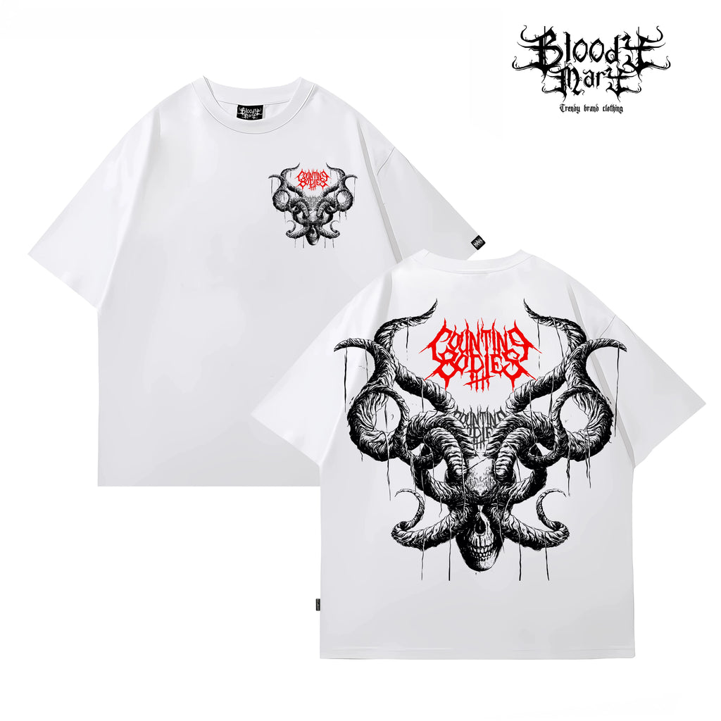 Dark American hip-hop style, dark skull print, round neck short sleeved T-shirt for men and women, loose and heavy weight, pure cotton rock