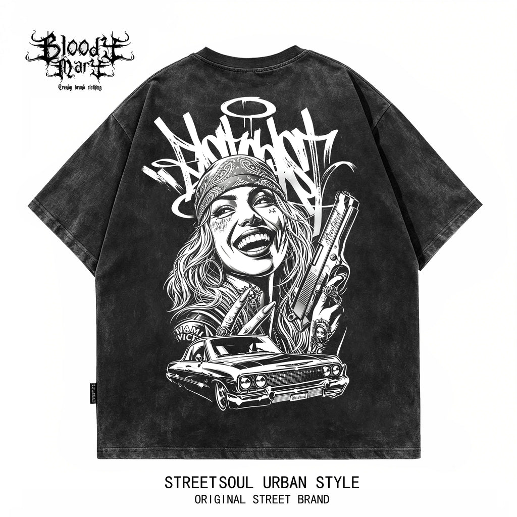 American street dark style printed short sleeved T-shirt for men, loose and heavyweight, niche trendy brand, vintage top, rugged and handsome, shoulder down