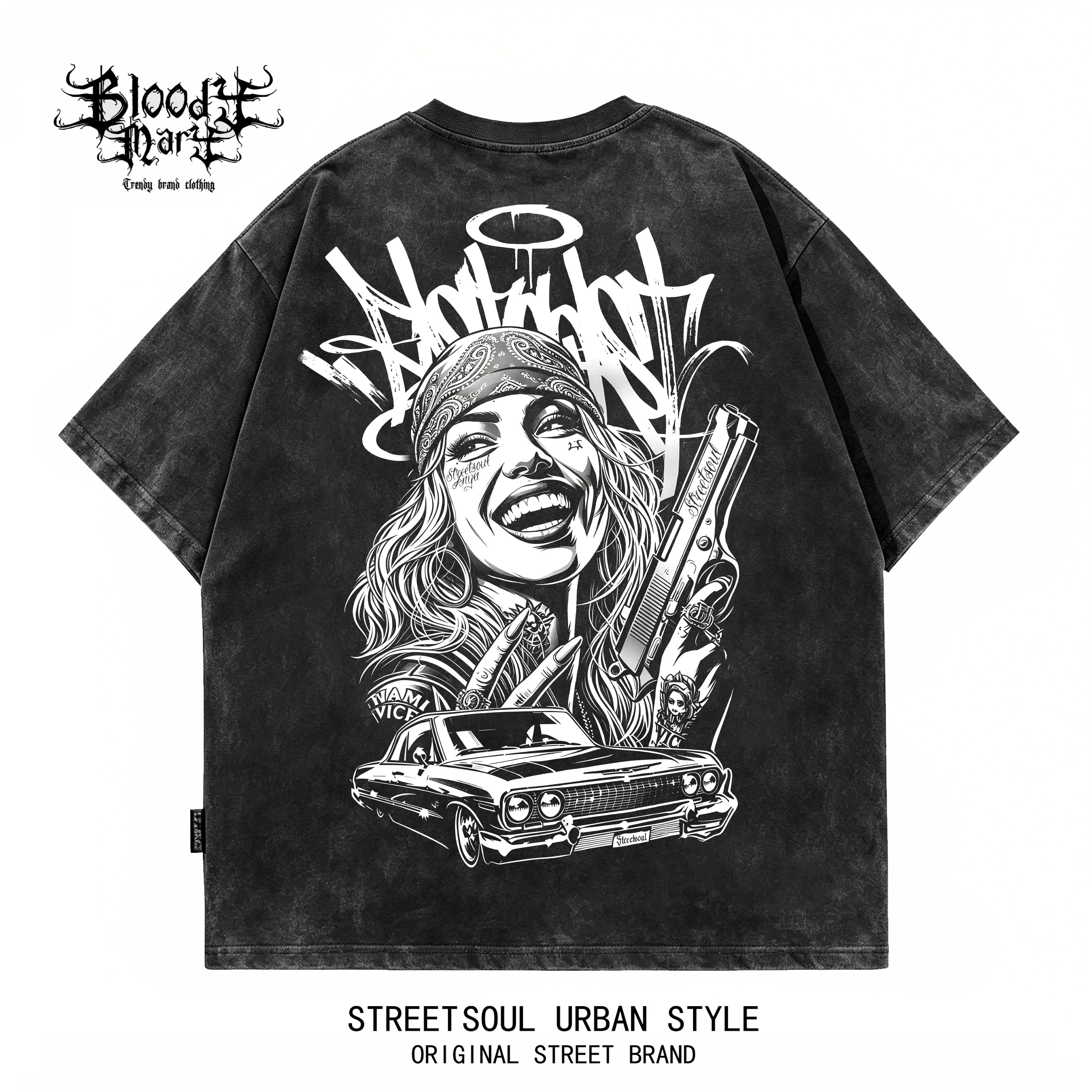 American street dark style printed short sleeved T-shirt for men, loose and heavyweight, niche trendy brand, vintage top, rugged and handsome, shoulder down