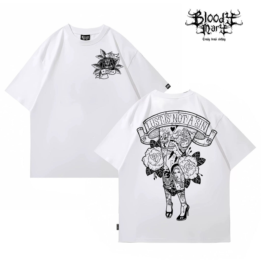 American retro street flower font short sleeved men's and women's loose cotton heavyweight niche hip-hop tattoo artist T-shirt dark