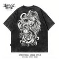 American hip-hop West Coast Chicano skeleton rose print short sleeved T-shirt men's loose dark trend brand top