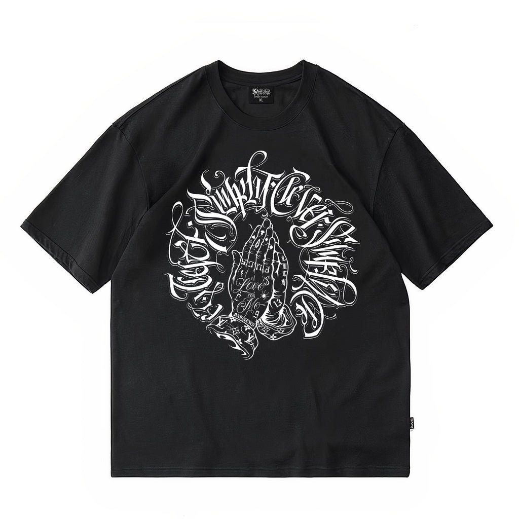 American West Coast Prayer Hand T-shirt with floral font circle, street dance tattoo artist, gangsters, heavyweight plus size hip-hop label