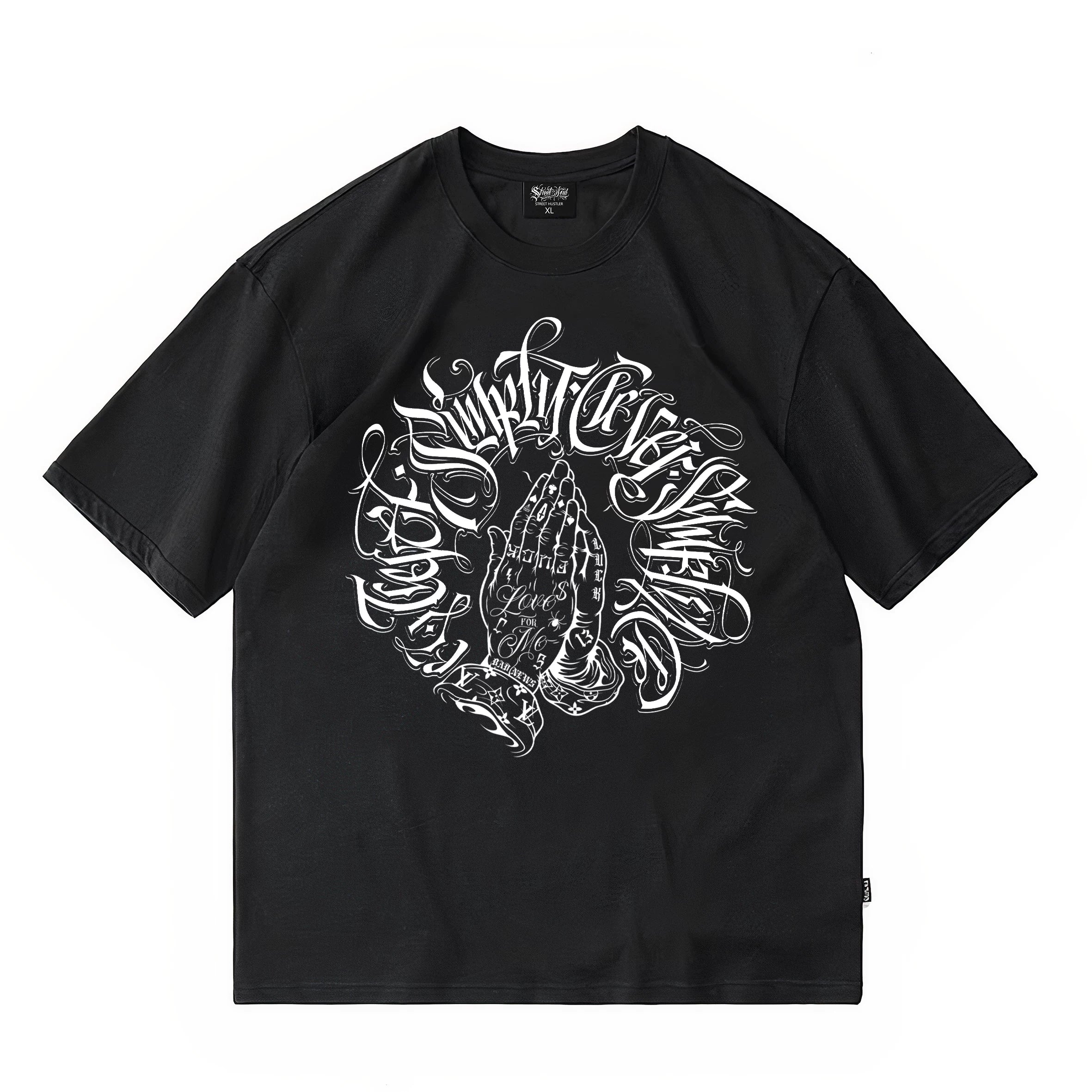 American West Coast Prayer Hand T-shirt with floral font circle, street dance tattoo artist, gangsters, heavyweight plus size hip-hop label