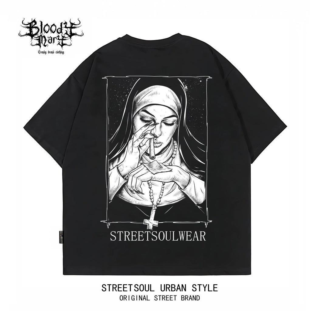 Trendy American retro dark style nun print short sleeved T-shirt for men and women, loose and heavyweight pure cotton high street style top