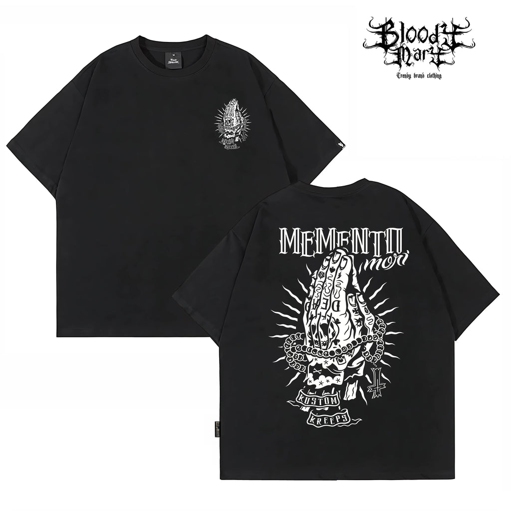 Chicano Black Short sleeved T-shirt with American Trendy Brand, Men's Printed Heavy duty Cotton Loose Top, West Coast Floral Font