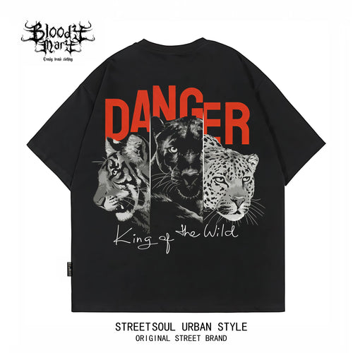 American retro rock style shoulder sleeves short sleeved T-shirt for men and women loose oversized animal print heavyweight pure cotton