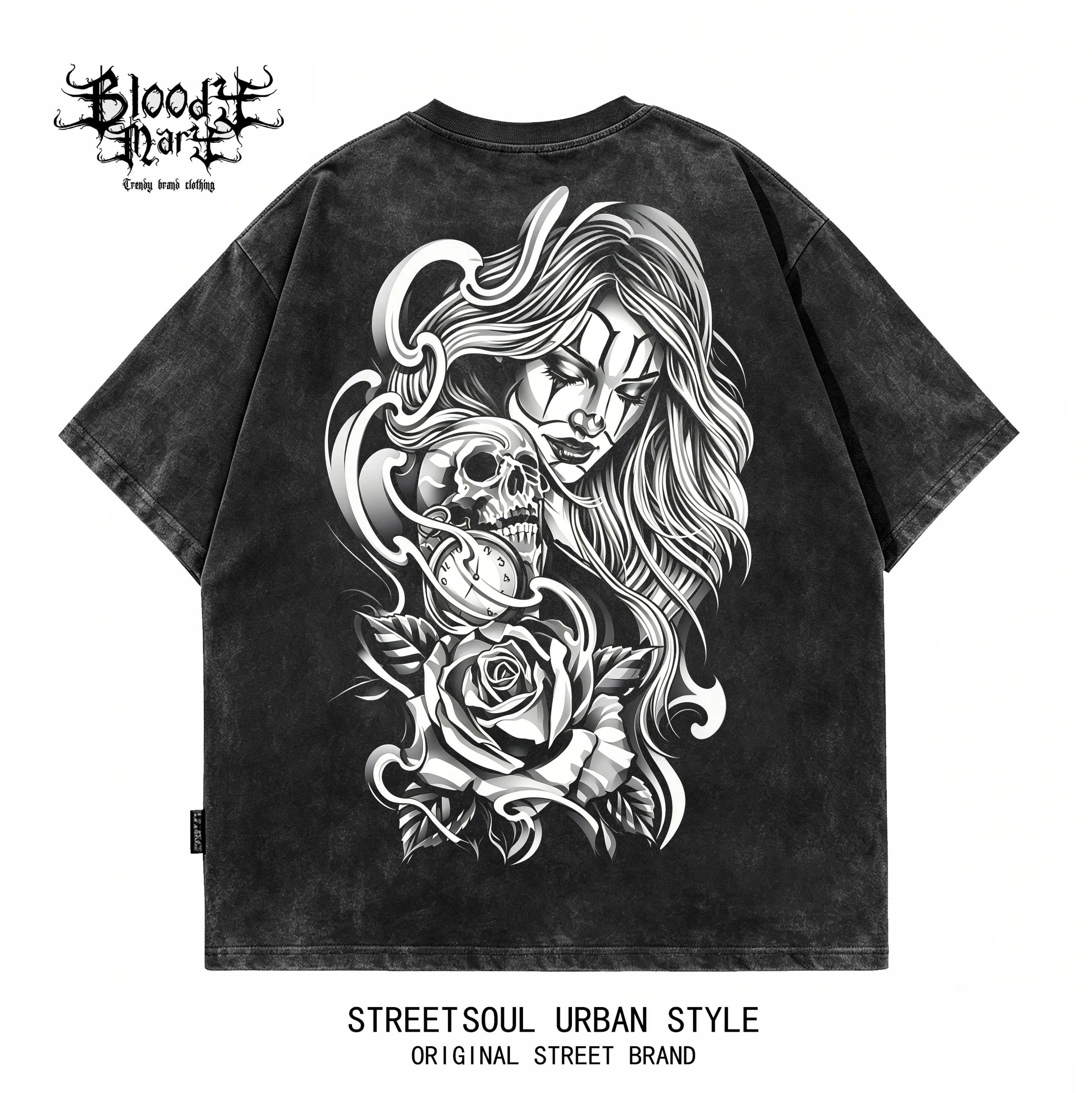 American hip-hop Chicano girl tattoo skeleton rose print short sleeved T-shirt men's loose dark fashion brand top