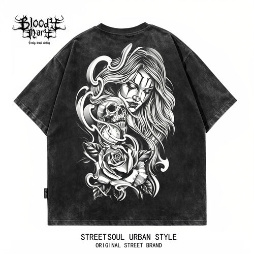 American hip-hop Chicano girl tattoo skeleton rose print short sleeved T-shirt men's loose dark fashion brand top