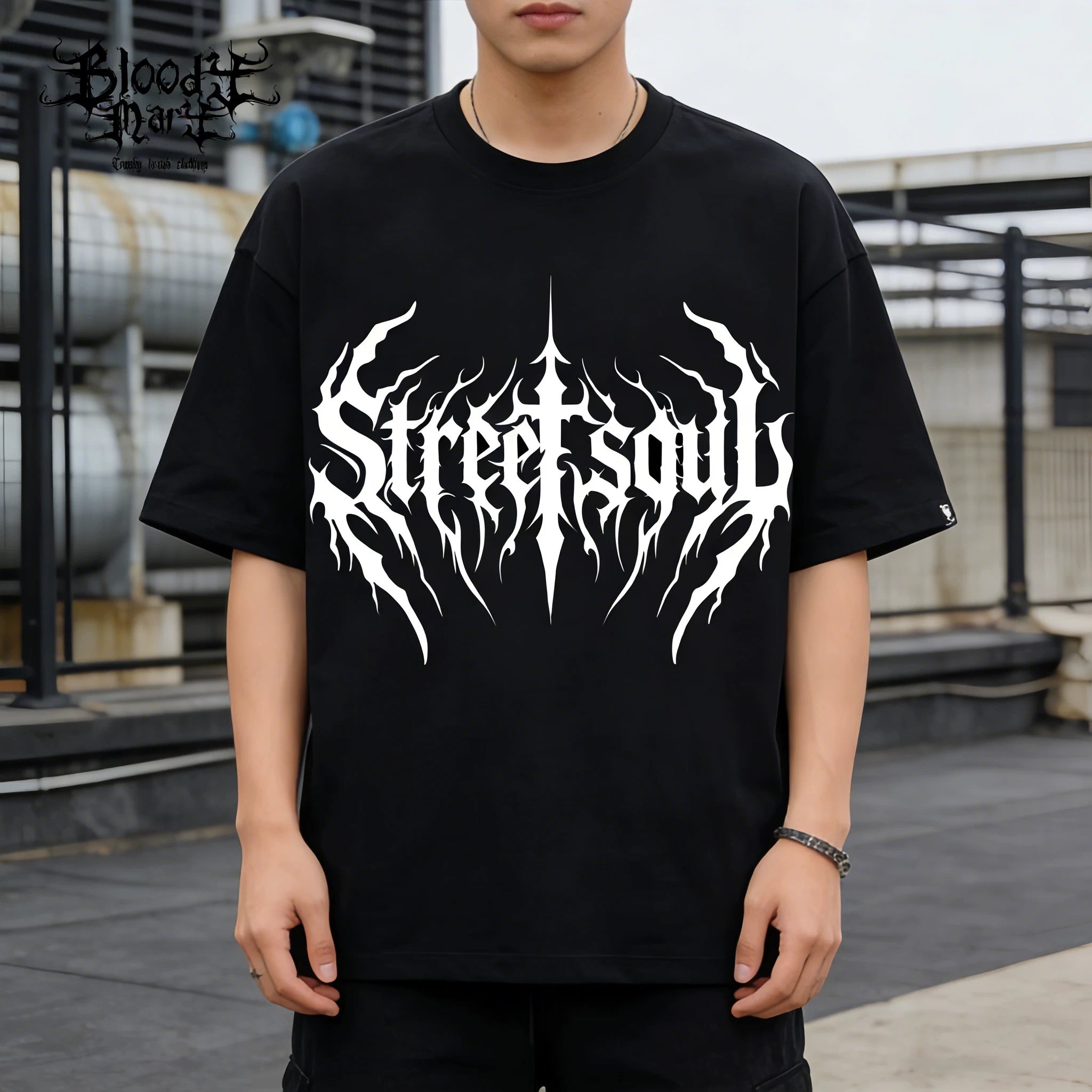 American hip-hop style black short sleeved printed T-shirt for men, loose rock letter pattern top, floral tattoo artist